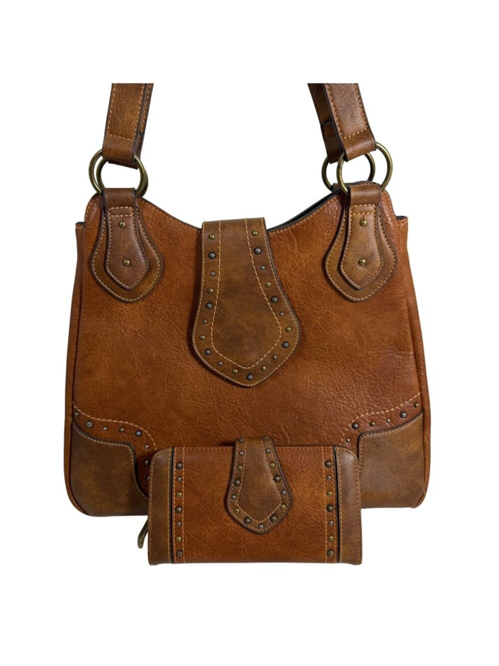Justin Western Carry Handbag Dual Zippered Pockets Studded Shoulder Bag + Wallet